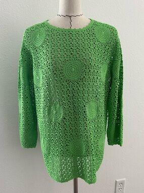 Michael Simon New York Sweater Womens OS Open Knit Crochet  Bright Art Green